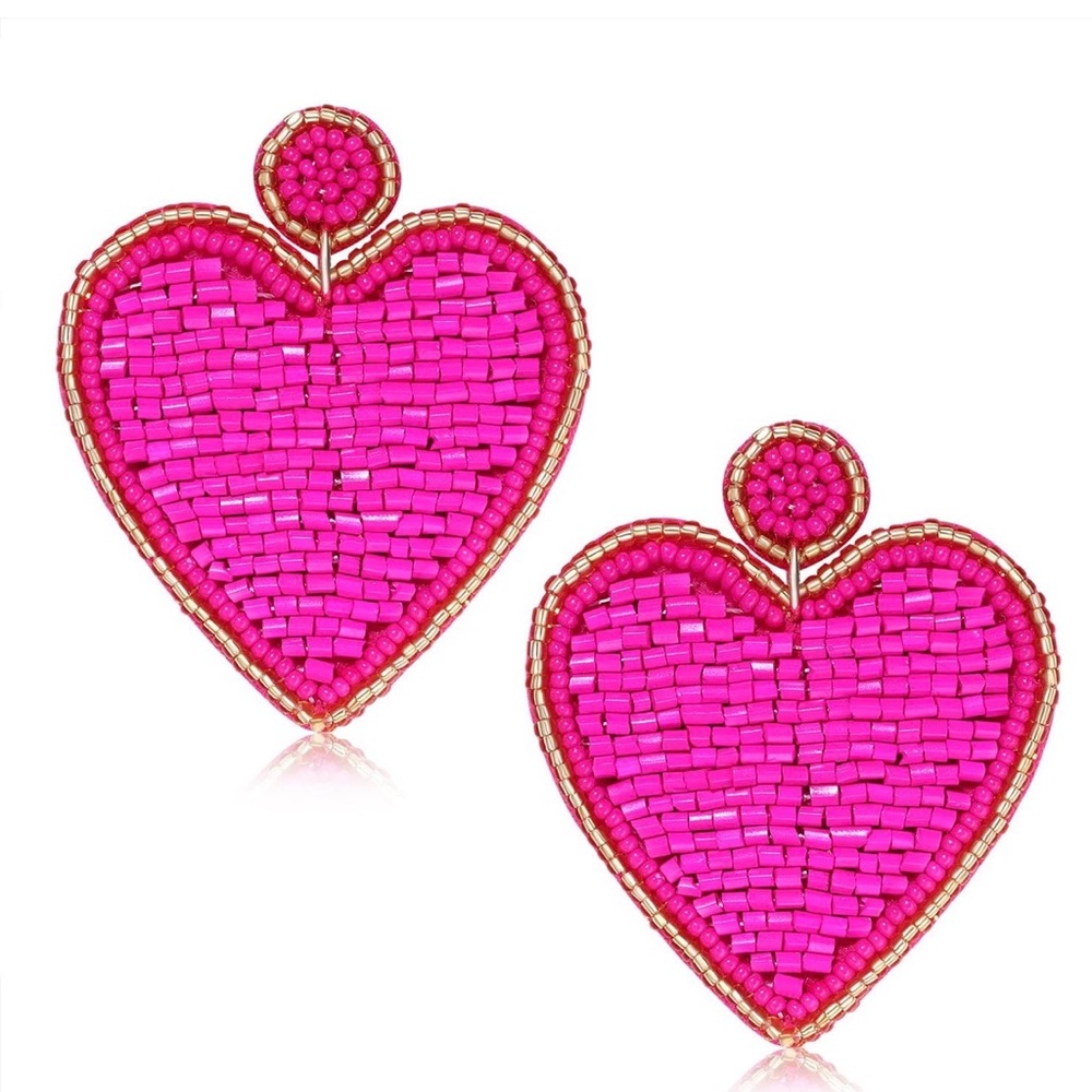 Hot Pink Beaded Heart Statement Earrings | Valentine’s Day Gold Trim Dangle